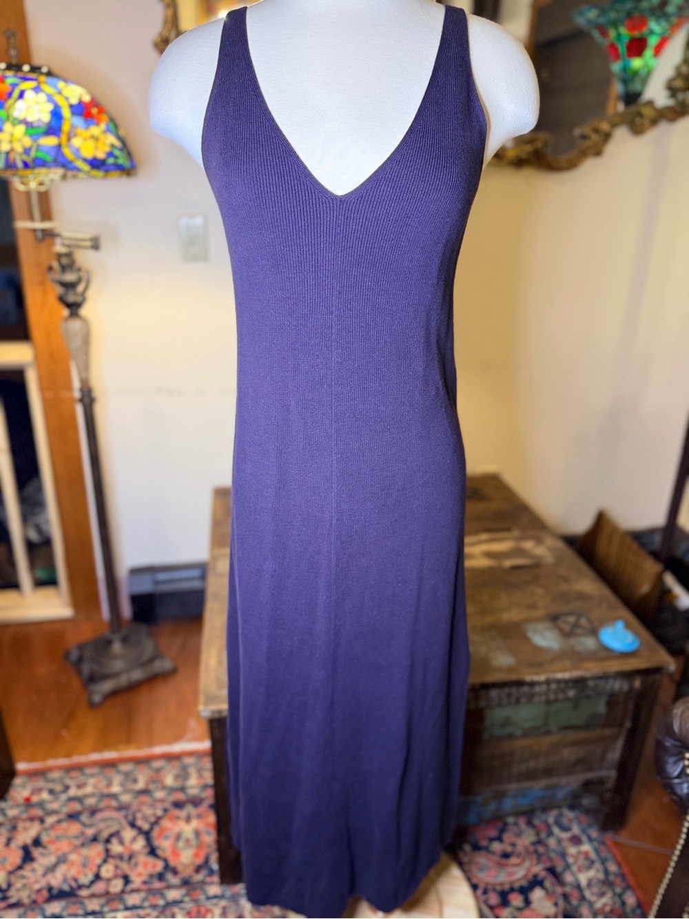 V-Neck Sleeveless Sweater Knit Maxi Dress - in Deep Plum Cotton & Linen Blend